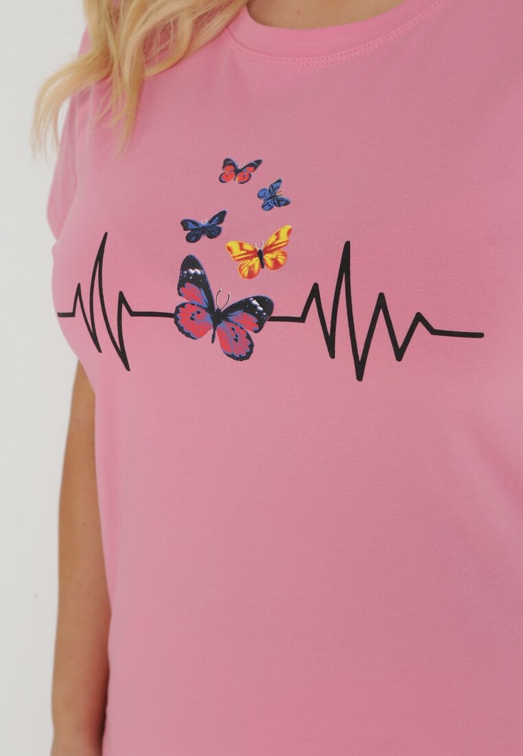 Różowy T-shirt z Bawełny z Krótkim Rękawem i Nadrukiem w Motyle Katelin