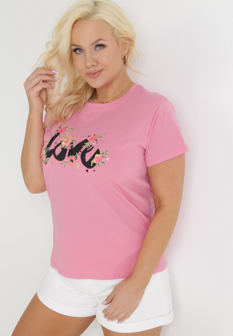 Różowy Bawełniany T-shirt z Krótkim Rękawem i Nadrukiem Naremena