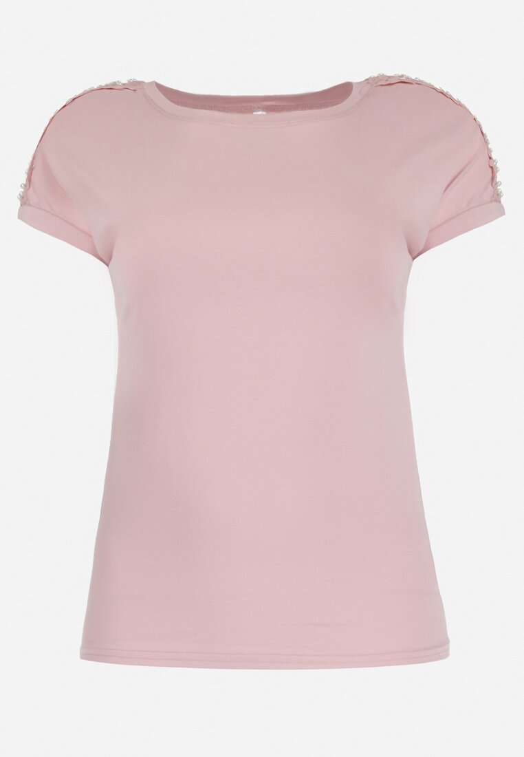 Różowy T-shirt z Perłami i Koronką na Ramionach Wanla