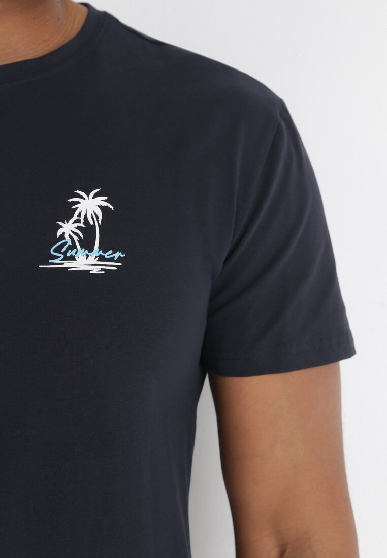 Granatowa Koszulka z Krótkim Rękawem i Małym Nadrukiem Palm Armaia