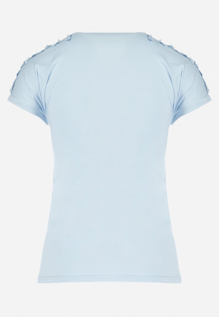 Jasnoniebieski Bawełniany T-shirt z Ozdobnymi Rękawami z Koronką Avale