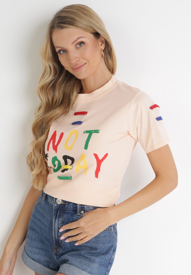 Jasnoróżowy Bawełniany T-shirt z Kolorowymi Taśmami i Napisem Leoponi