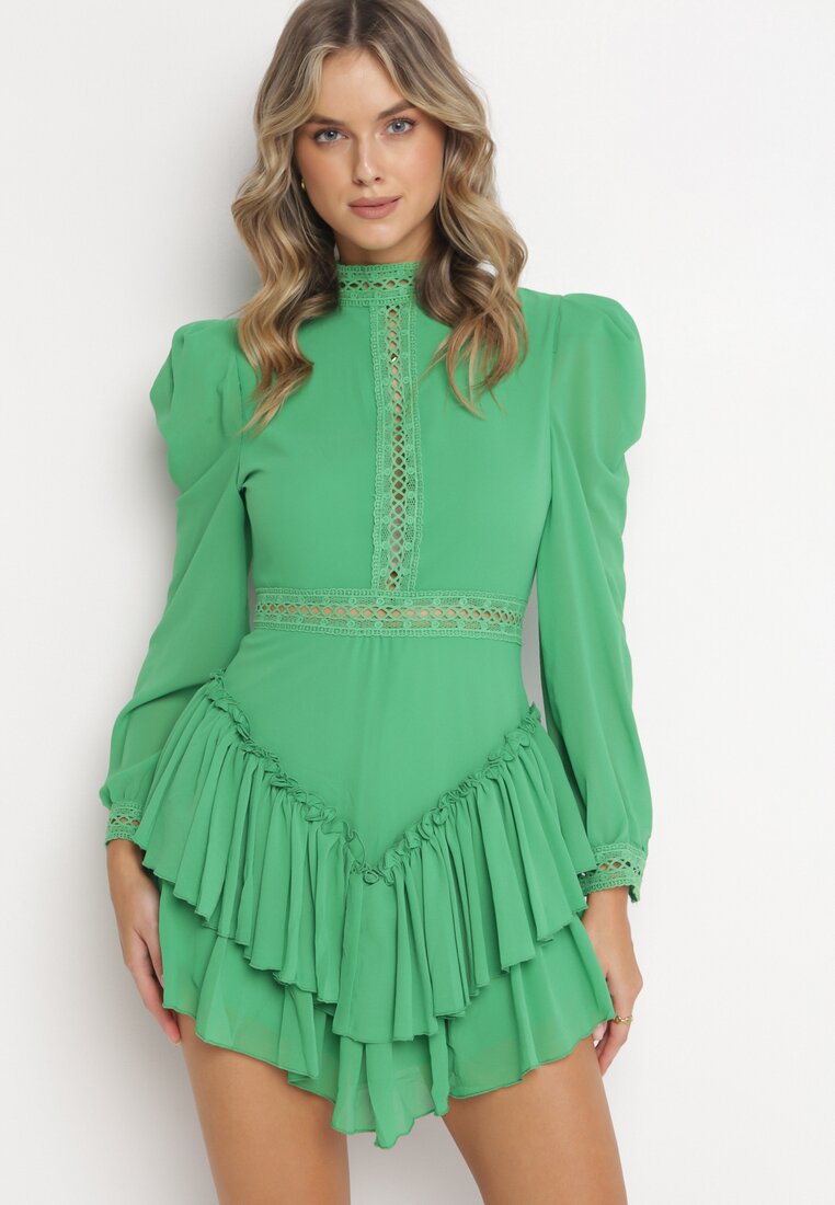 Zielona Taliowana Sukienka Kombinezon z Falbankami Norisa