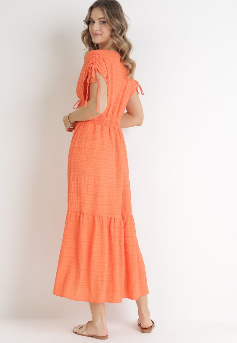 Pomarańczowa Rozkloszowana Sukienka z Falbaną Atina