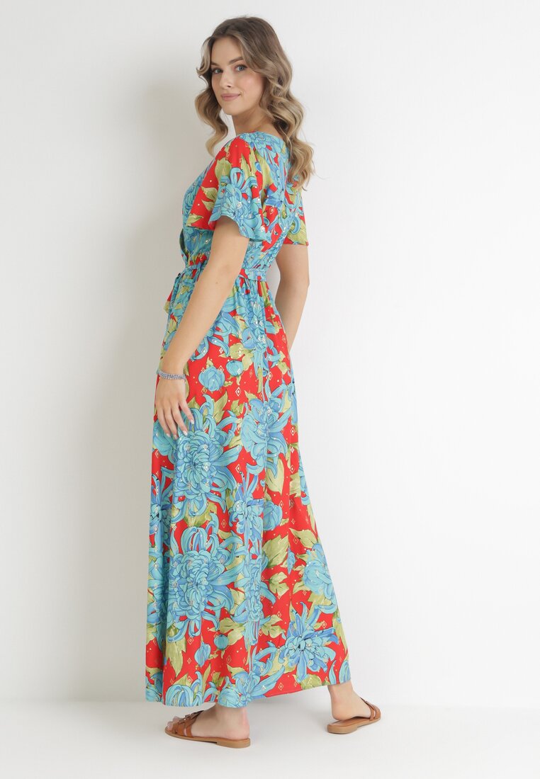 Niebiesko-Czerwona Kopertowa Sukienka Maxi z Gumką w Pasie w Kwiaty z Wiskozy Aryna