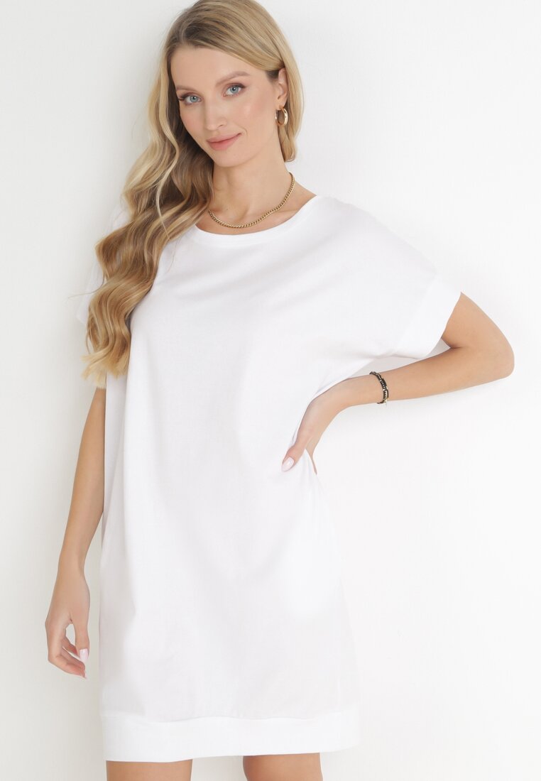 Biała T-shirtowa Sukienka Mini z Krótkim Rękawem z Bawełny Zeplyn