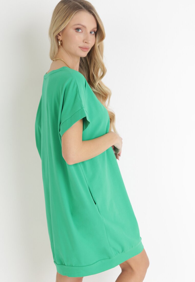 Zielona T-shirtowa Sukienka Mini z Krótkim Rękawem z Bawełny Zeplyn
