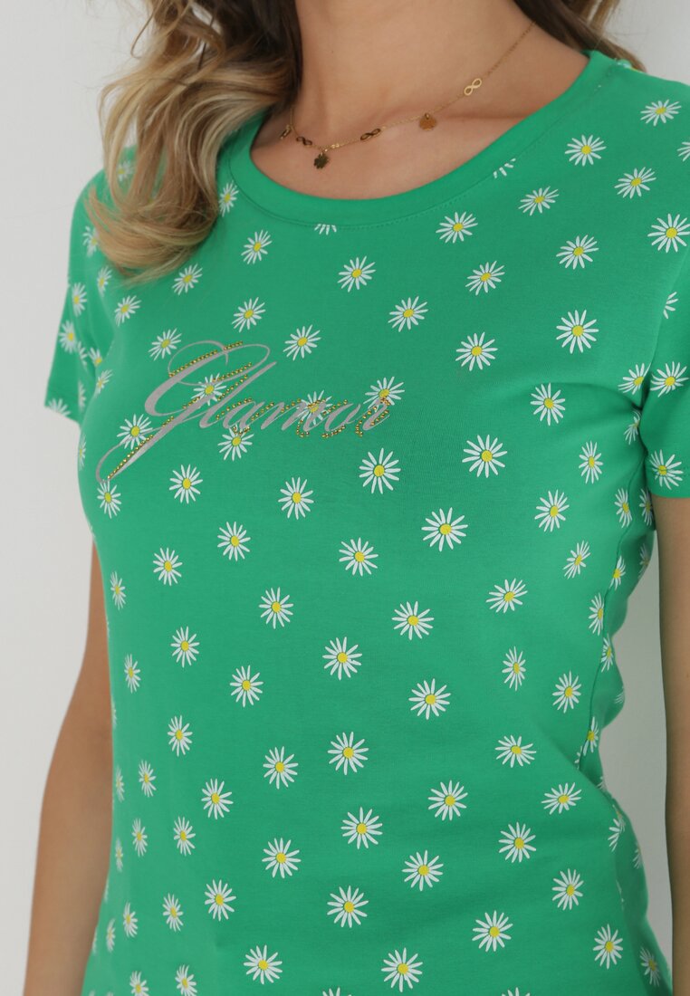Zielony T-shirt z Błyszczącym Napisem i Printem w Kwiaty Royni