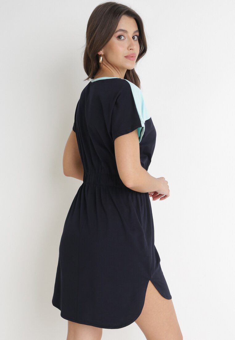 Czarno-Niebieska Sukienka Mini z Gumką w Talii i Rękawem Typu Nietoperz z Bawełny Malania