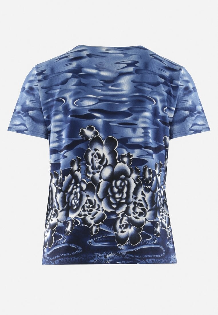 Granatowy T-shirt Ozdobiony Abstrakcyjnym Wzorem Acassa