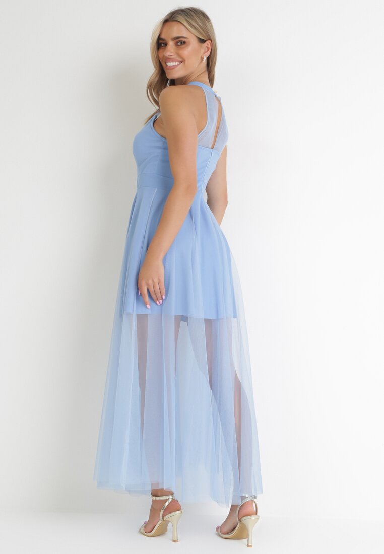 Niebieska Tiulowa Sukienka Maxi bez Rękawów z Rozkloszowanym Dołem Aderissa