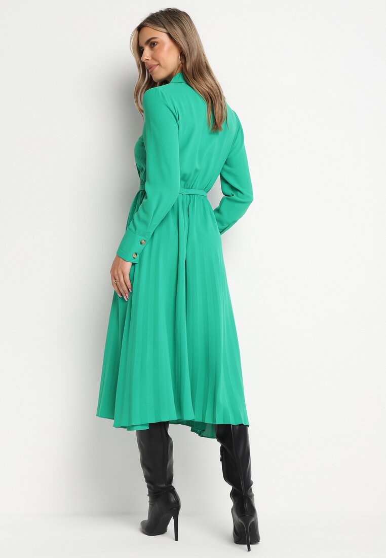 Zielona Koszulowa Sukienka z Plisowanym Dołem i Paskiem Tesika