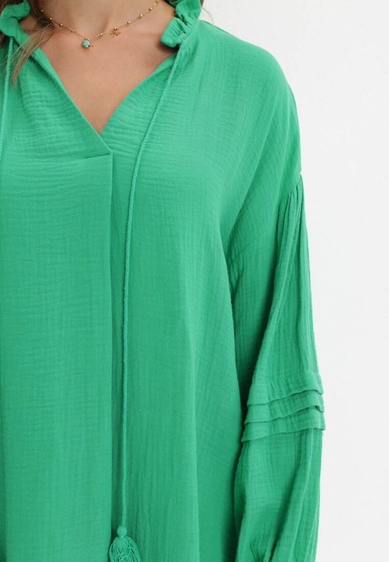 Zielona Bawełniana Sukienka Mini z Ozdobnym Wiązaniem i Przeszyciami na Rękawach Anla