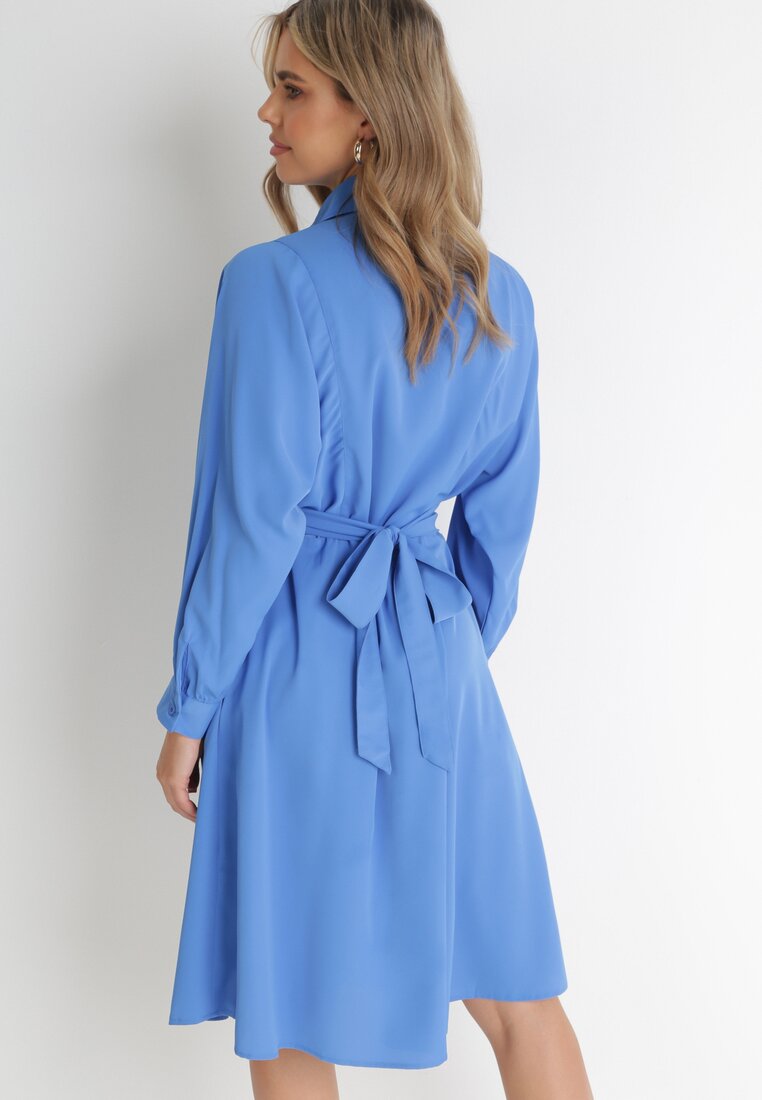 Niebieska Koszulowa Sukienka Trapezowa z Wiązaniem Renner