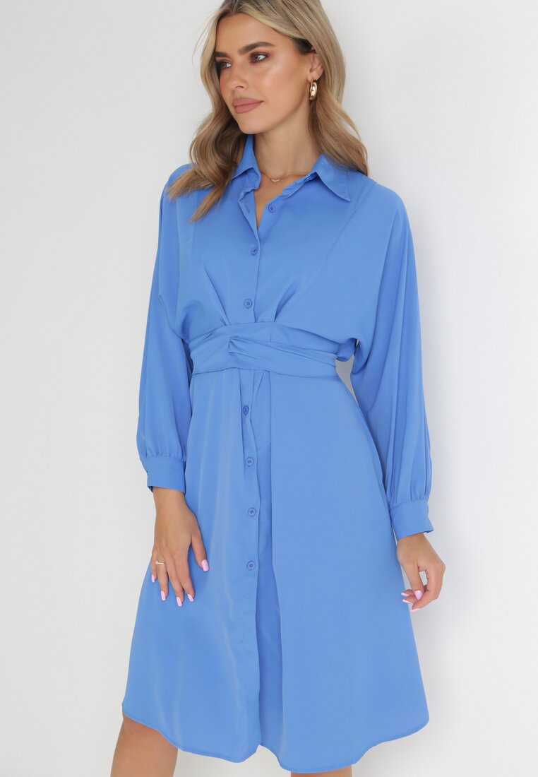 Niebieska Koszulowa Sukienka Trapezowa z Wiązaniem Renner