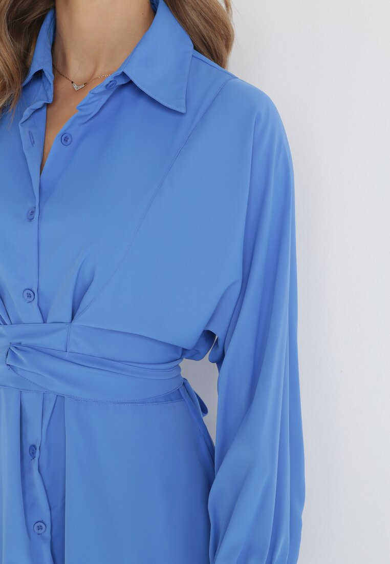 Niebieska Koszulowa Sukienka Trapezowa z Wiązaniem Renner