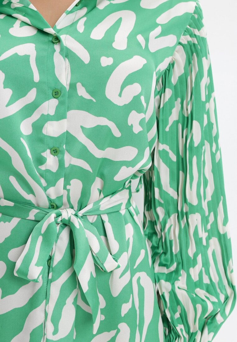 Zielona Sukienka Mini z Plisowanymi Rękawami i Materiałowym Paskiem Sevan