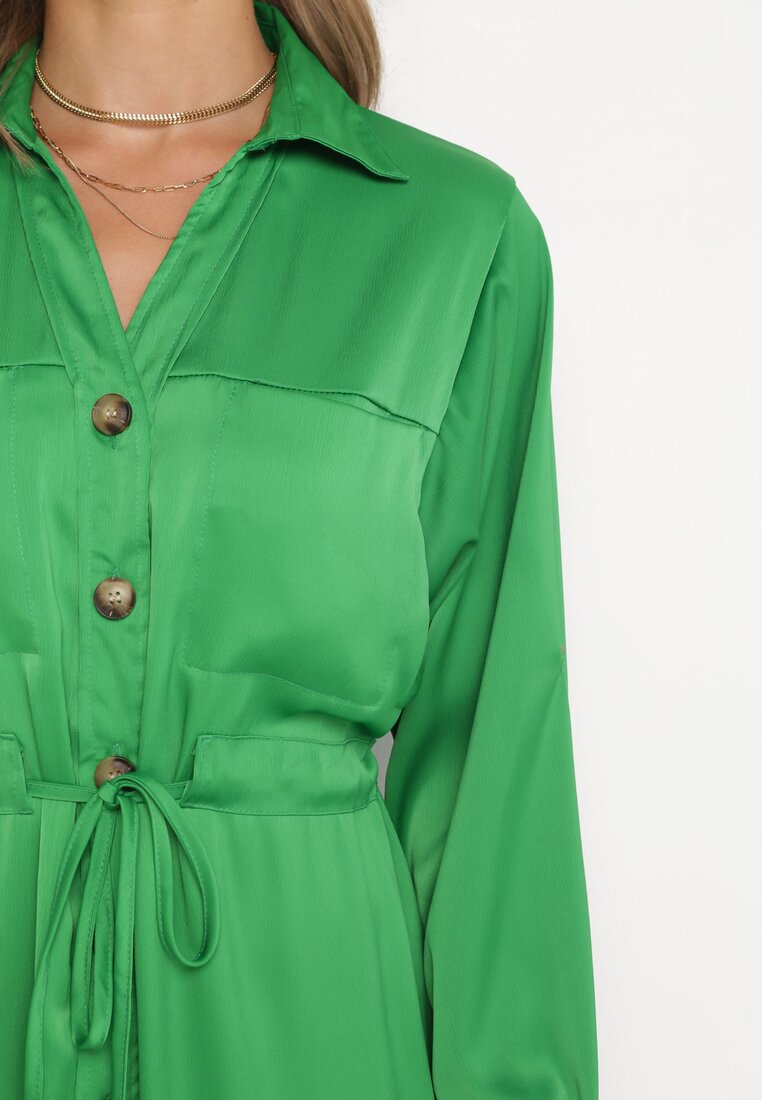 Zielona Koszulowa Sukienka Mini ze Ściągaczem w Pasie i Podpinanymi Rękawami Claira