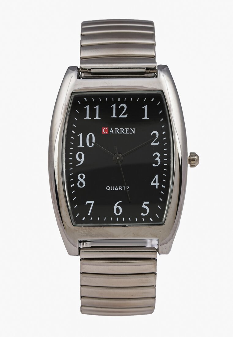 Czarno-Srebrny Zegarek Wskazówkowy na Metalowej Bransolecie Timeback
