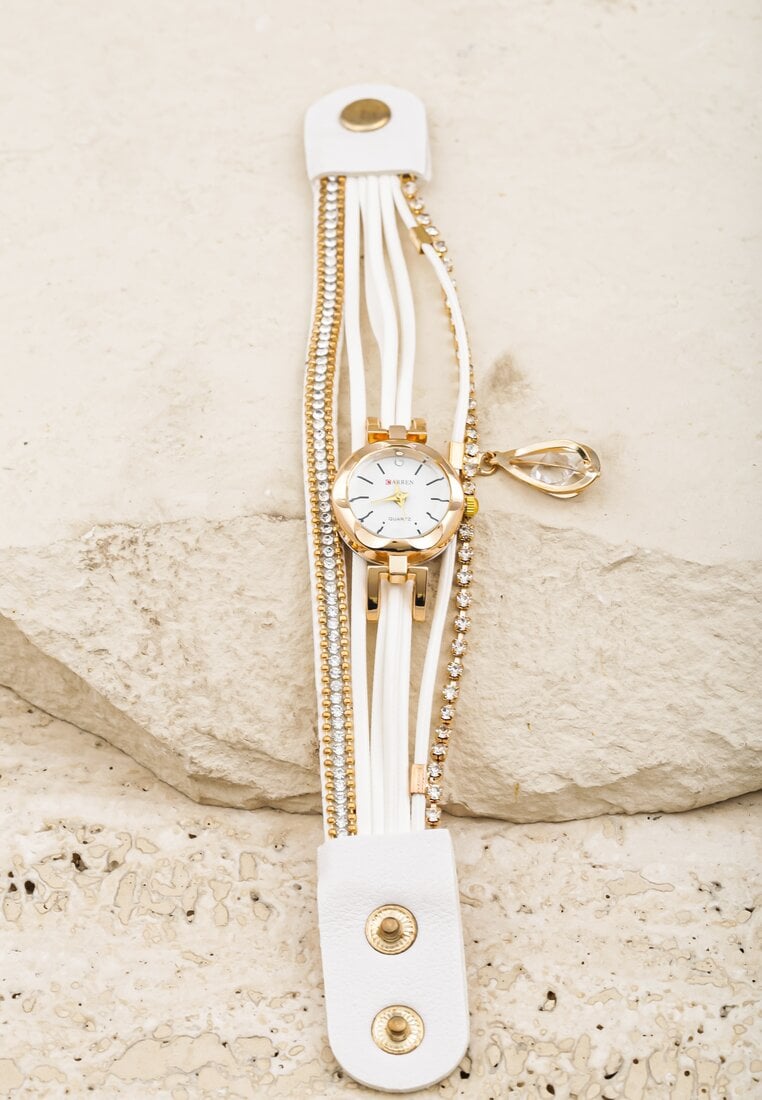 Biały Zegarek z Okrągłą Kopertą na Ozdobnym Pasku z Cyrkoniami Aleia