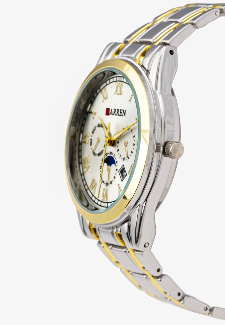 Srebrno-Złoty Zegarek na Metalowej Bransolecie Wskazówkowy Timelapse