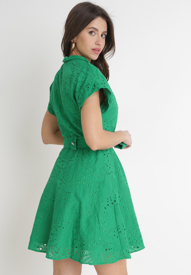 Zielona Koszulowa Sukienka Haftowana z Wiązanym Paskiem Tireah