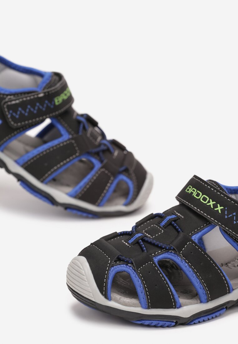 Czarno-Niebieskie Sportowe Sandały z Wkładką ze Skóry Naturalnej i Rzepami Docia