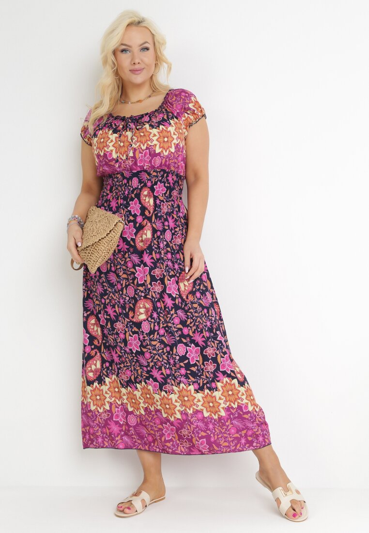 Fioletowo-Granatowa Bawełniana Sukienka Maxi z Hiszpańskim Dekoltem i Gumkami w Talii Abagal