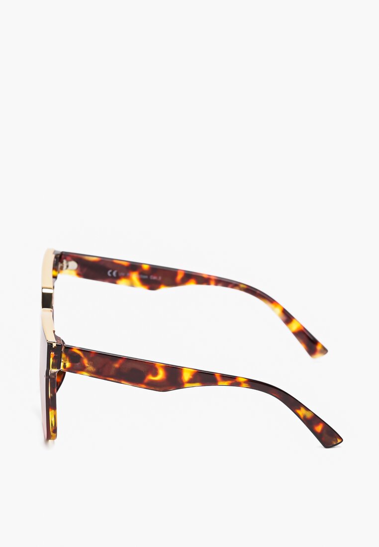 Brązowe Okulary Przeciwsłoneczne z Geometrycznymi Oprawkami ze Złotą Wstawką Pushylwi
