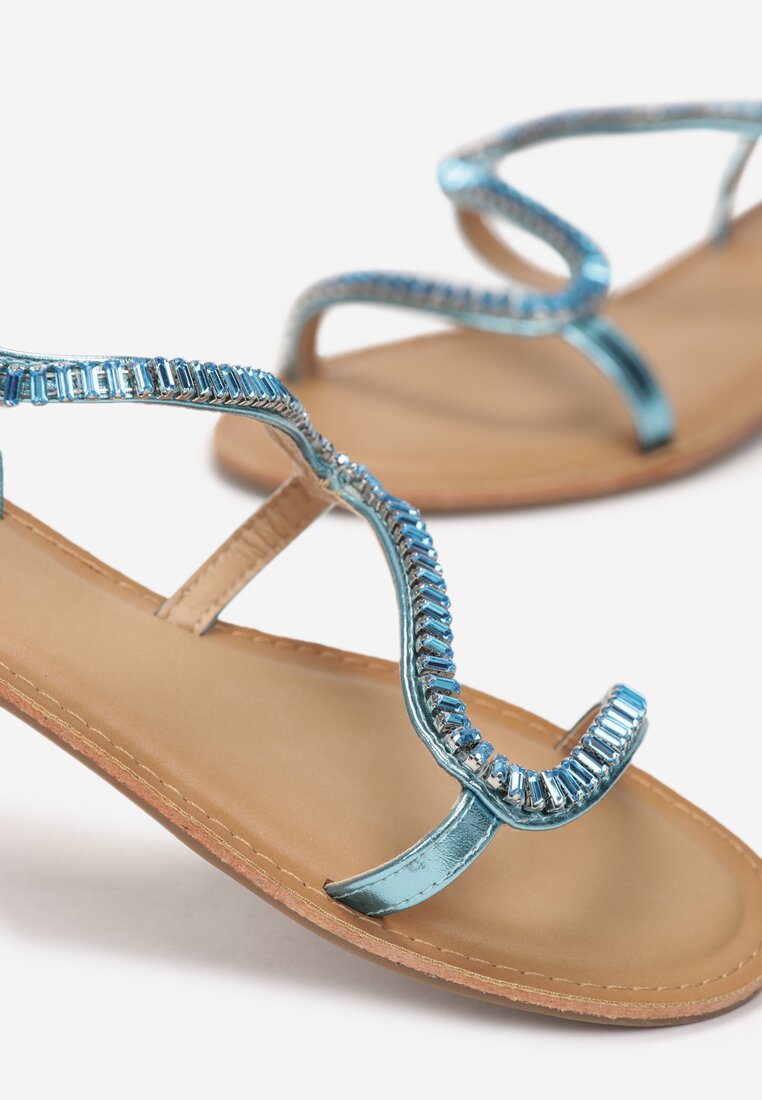 Niebieskie Płaskie Sandały z Paskiem w Kryształy Acaphira