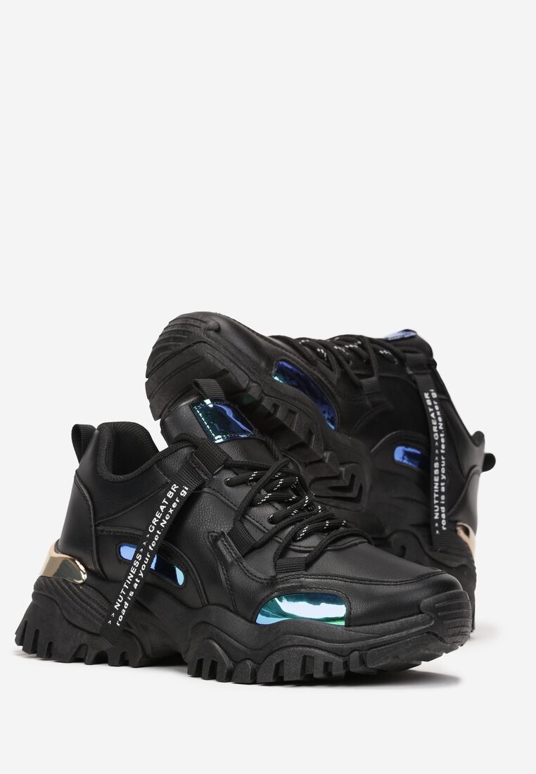 Czarne Sneakersy na Grubej Podeszwie z Bieżnikiem i Modnymi Wstawkami Evin