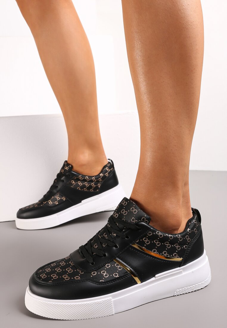Czarne Sznurowane Sneakersy przed Kostkę z Błyszczącą Nitką Milia
