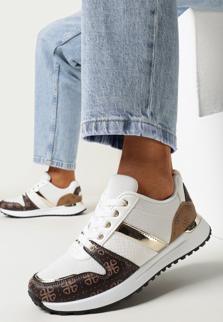 Białe Sznurowane Sneakersy przed Kostkę z Modnym Wzorem Helephne