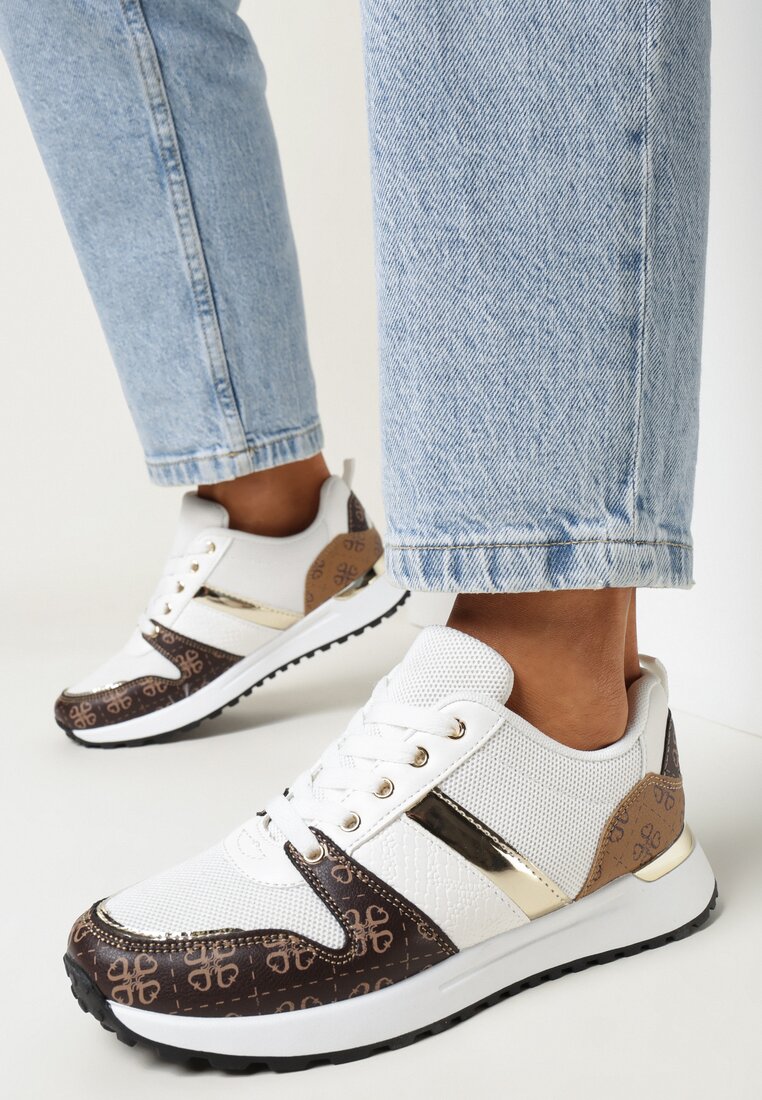 Białe Sznurowane Sneakersy przed Kostkę z Modnym Wzorem Helephne