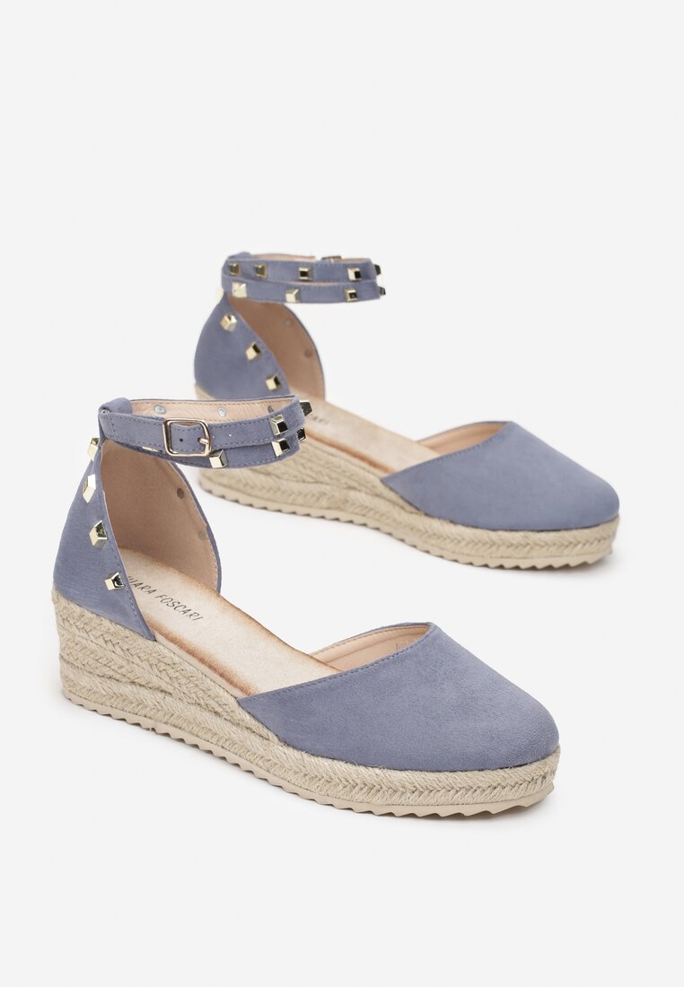 Niebieskie Sandały na Koturnie ze Sznurkiem i Paskiem z Ćwiekami Ophisine