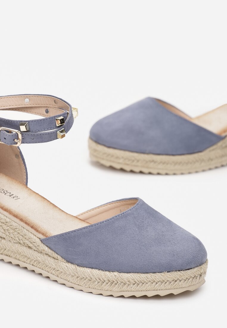 Niebieskie Sandały na Koturnie ze Sznurkiem i Paskiem z Ćwiekami Ophisine