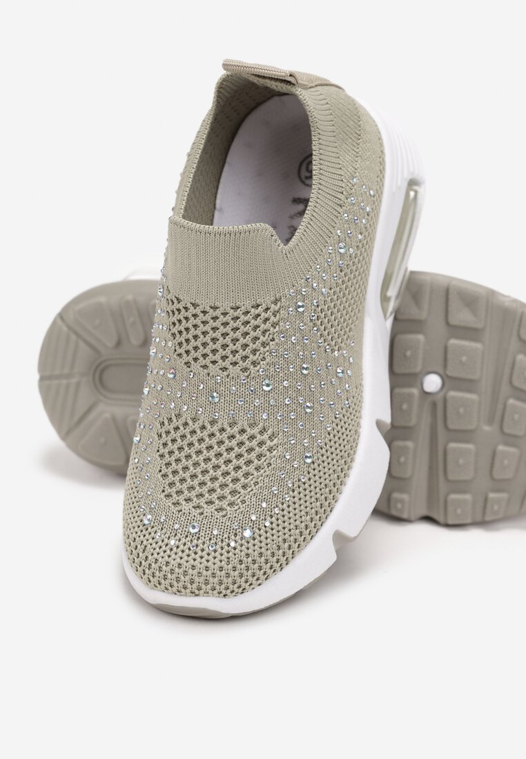 Jasnozielone Buty Sportowe z Elastyczną Wsuwaną Cholewką z Cyrkoniami Alenne