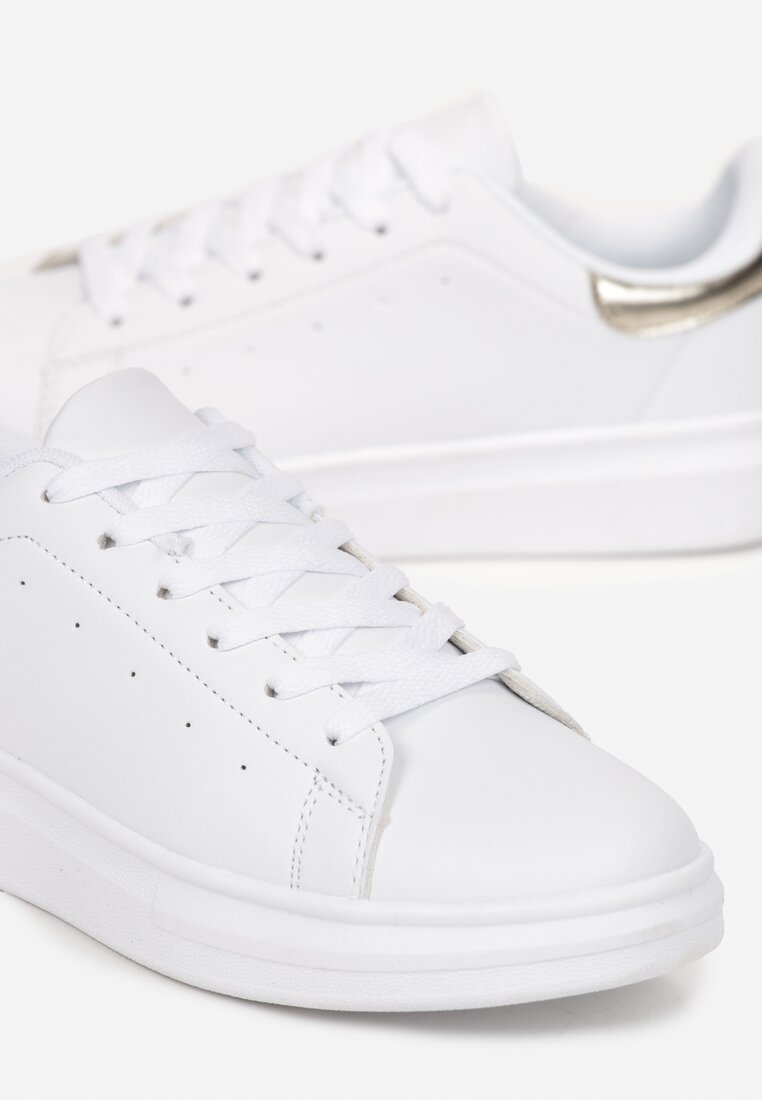 Biało-Złote Sznurowane Sneakersy na Płaskiej Podeszwie Didi