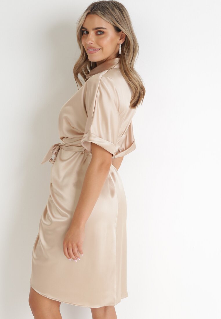Beżowa Koszulowa Sukienka z Wiązanym Paskiem Kathana