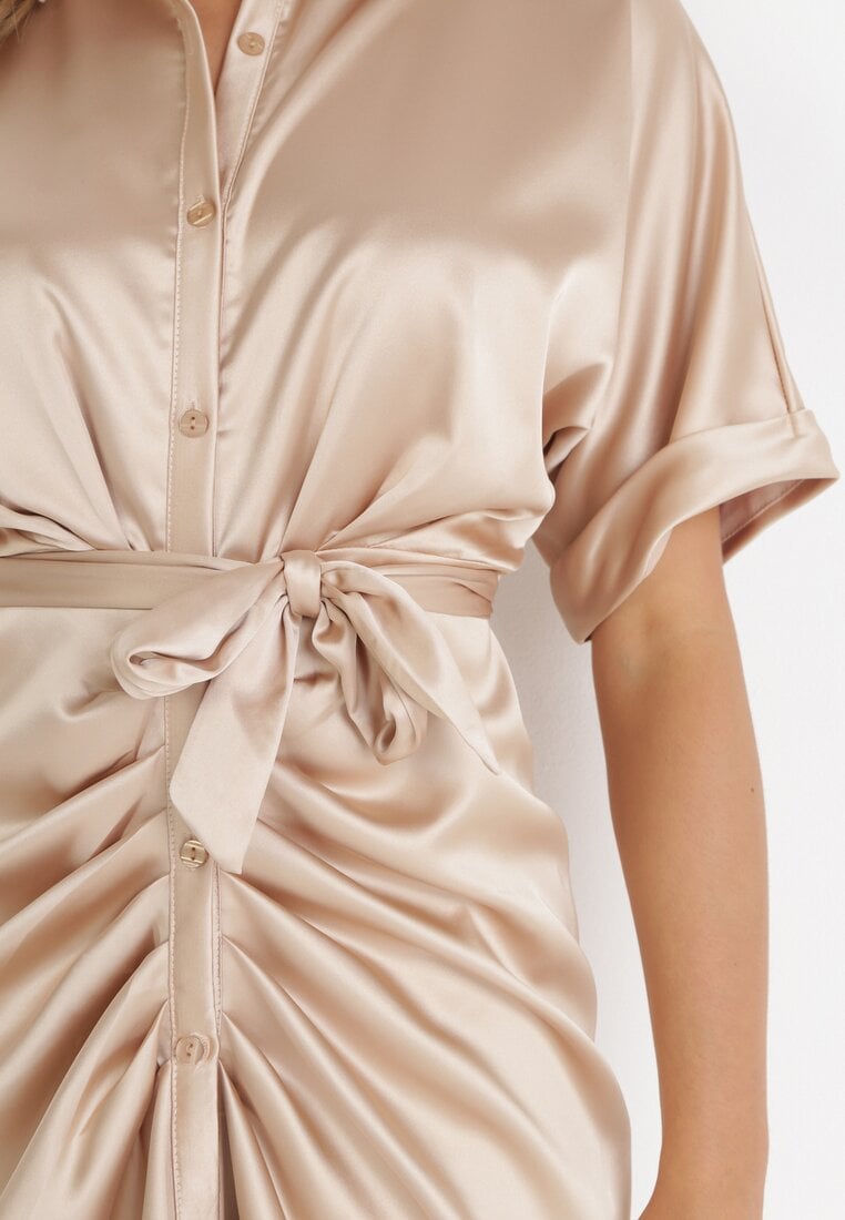 Beżowa Koszulowa Sukienka z Wiązanym Paskiem Kathana