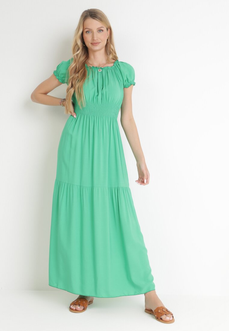 Zielona Sukienka Hiszpanka z Gumkami w Pasie Badite