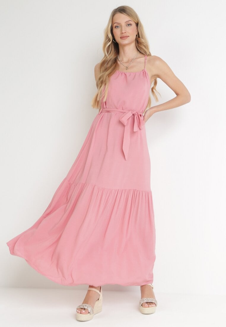 Różowa Rozkloszowana Sukienka Maxi na Ramiączkach Awlia