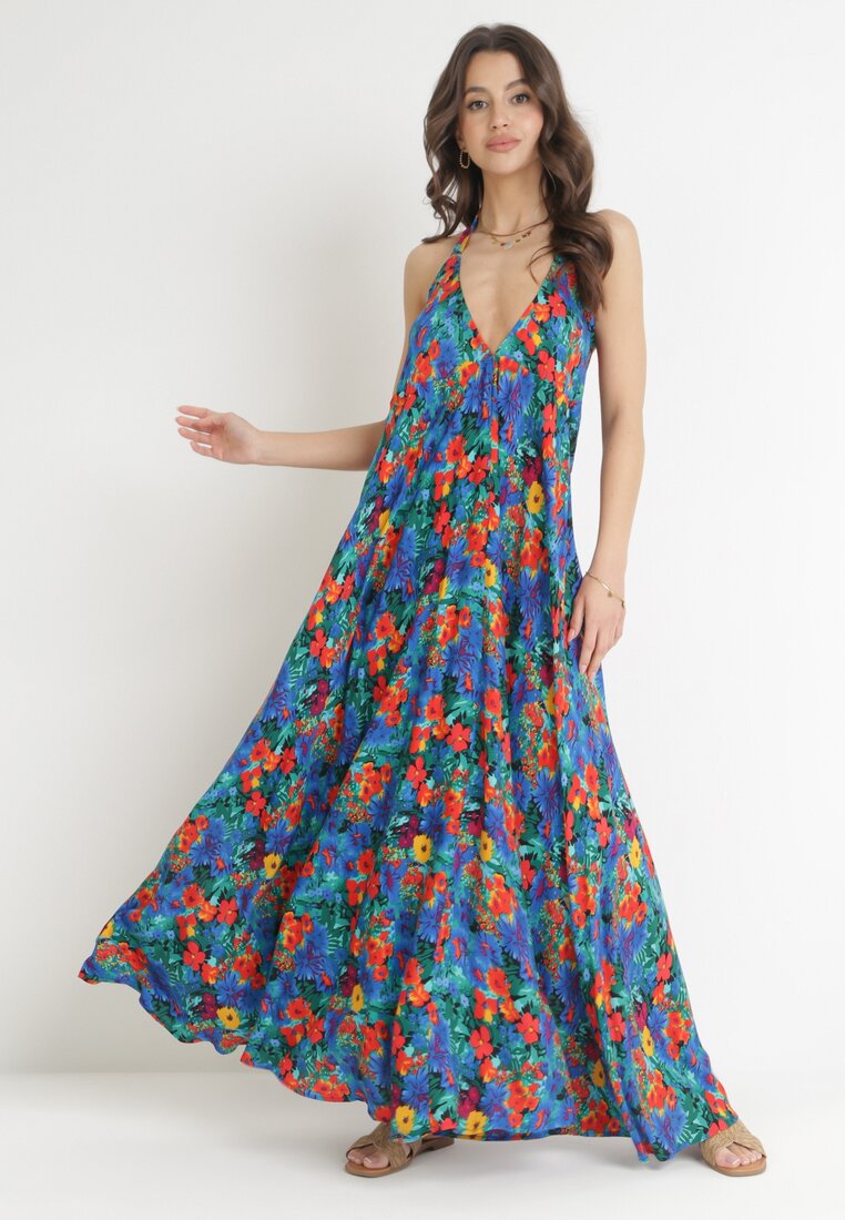 Niebieska Rozkloszowana Sukienka Maxi Wiązana na Szyi z Wiskozy w Kwiaty Enisa