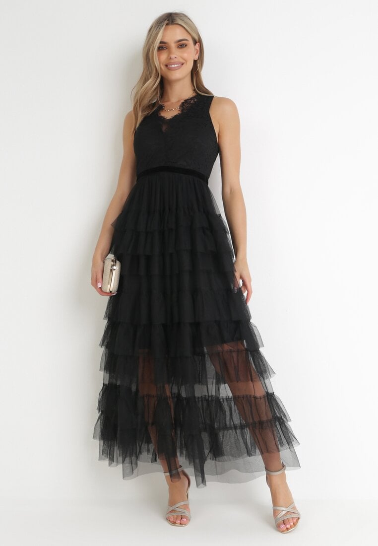Czarna Sukienka Maxi z Tiulowym Dołem i Koronkową Górą Deliva