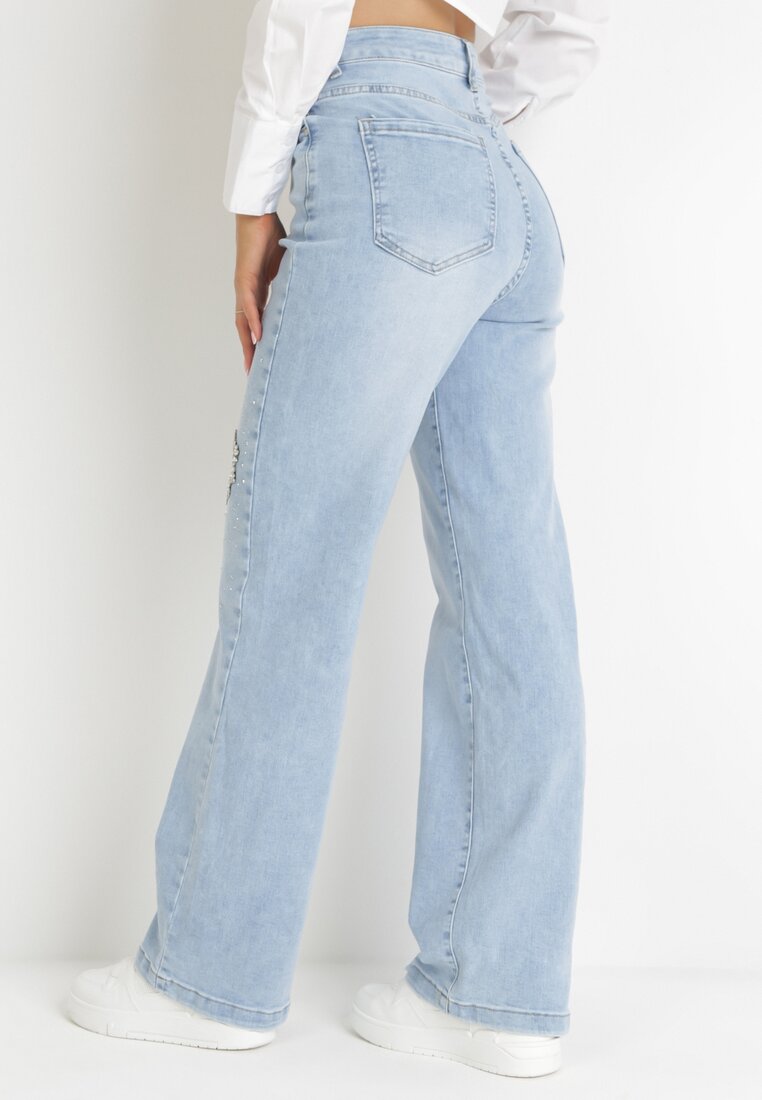 Jasnoniebieskie Jeansy z Wysokim Stanem i Wycięciem w Kształcie Serduszka z Cyrkoniami Obenora