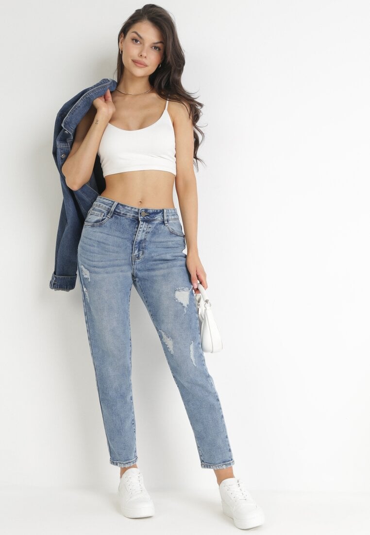 Niebieskie Jeansy Mom Fit z Przedarciami Arerena