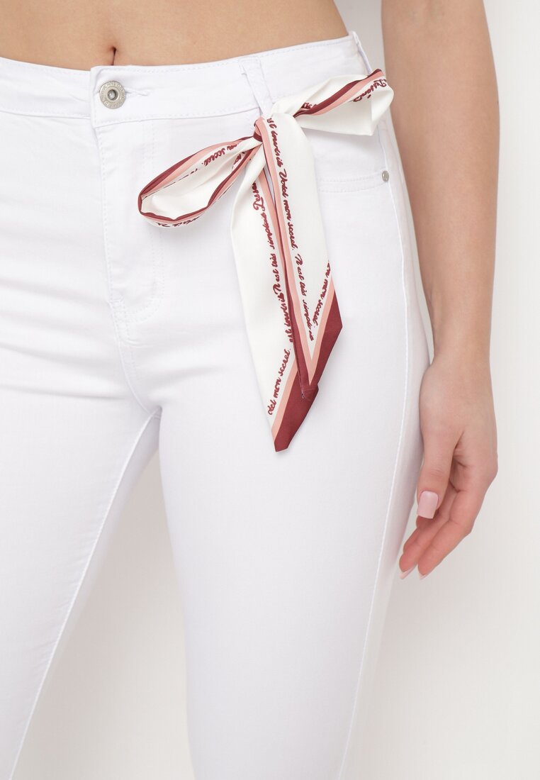 Białe Spodnie Skinny z Wysokim Stanem i Kokardką przy Pasie Diorene