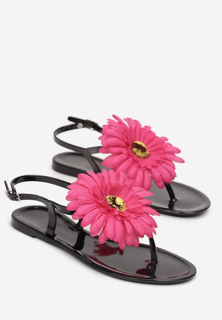 Czarne Sandały Japonki z Ozdobnym Kwiatem Navita