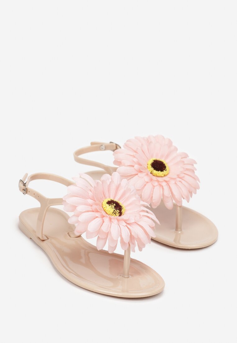 Ciemnobeżowe Sandały Japonki z Ozdobnym Kwiatem Navita