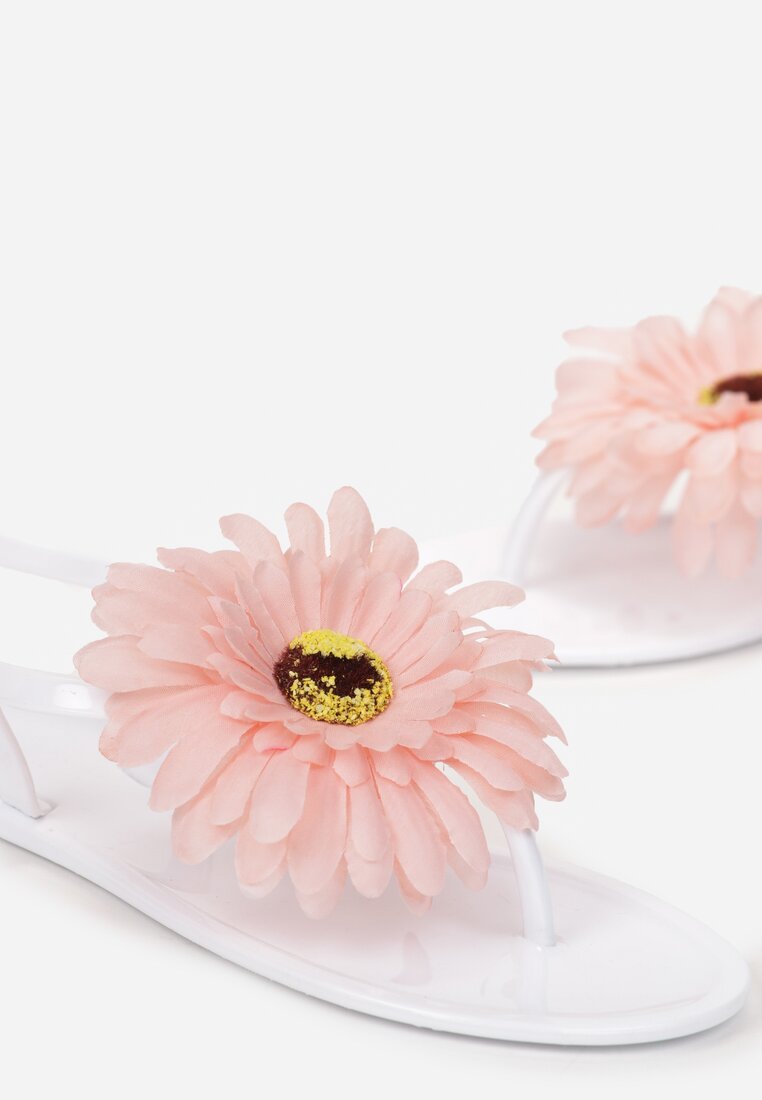 Białe Sandały Japonki z Ozdobnym Kwiatem Navita